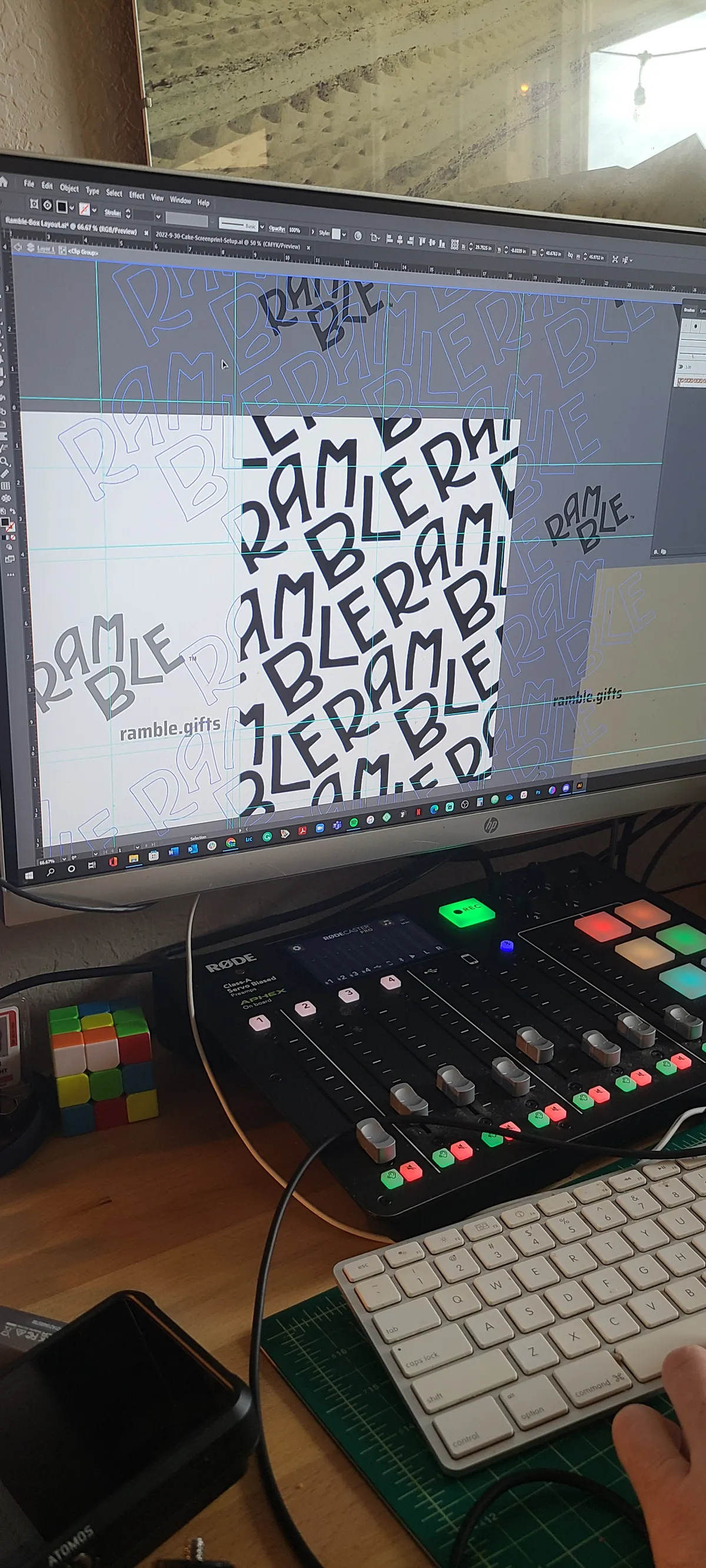 Designing the Ramble wordmark at the studio desk