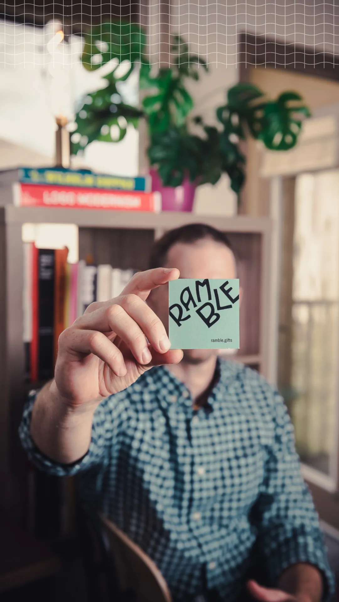 A Ramble card held up in the studio