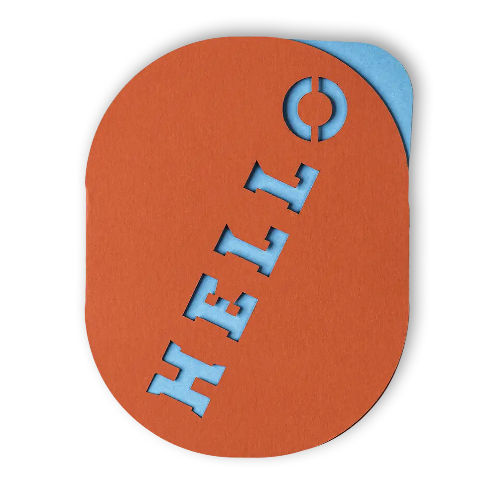 Laser cut greeting card with a big hello diagonally across