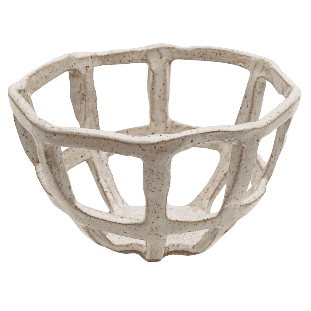 Handcrafted ceramic fruit basket with ventilated design in ivory muttonfoot glaze, featuring organic openwork pattern