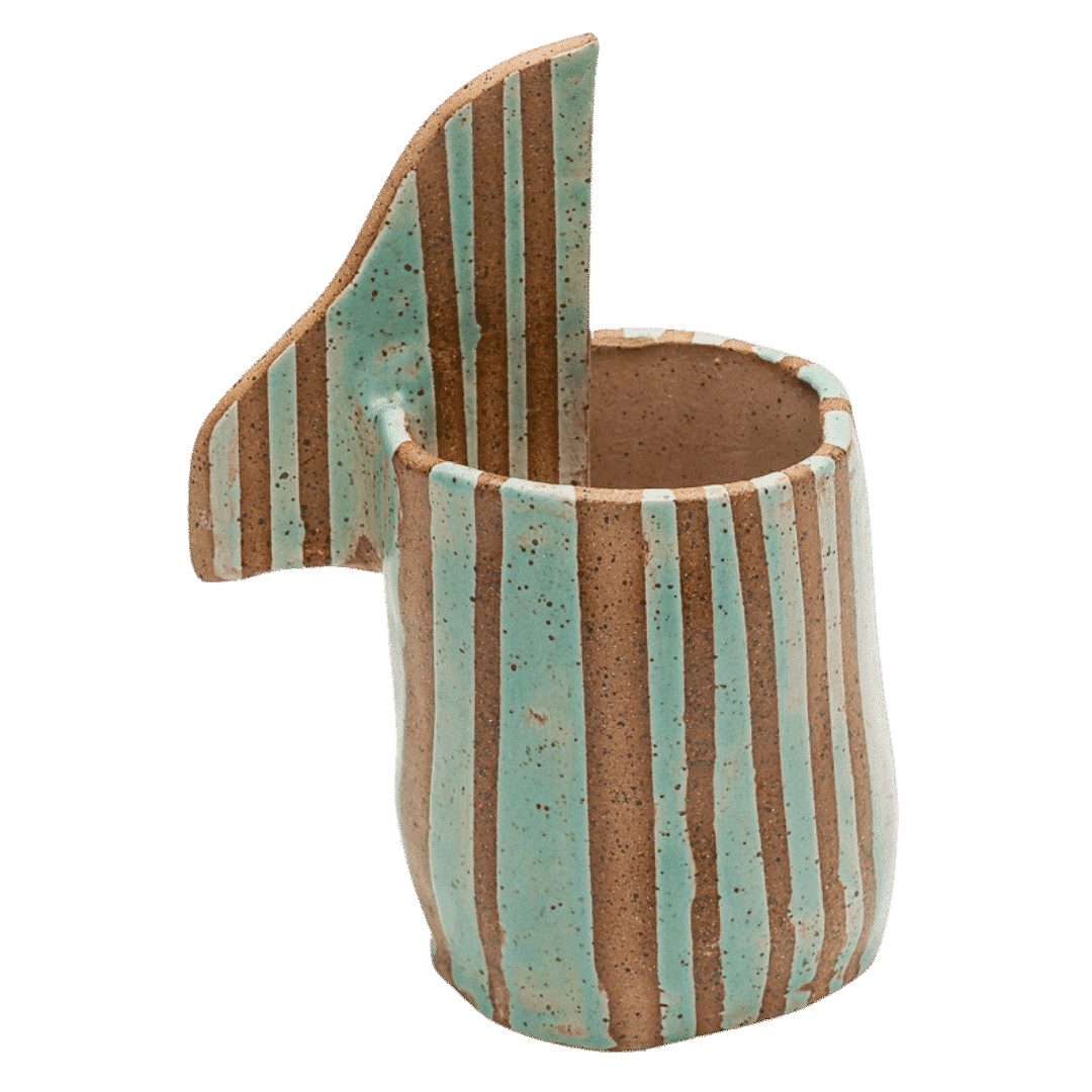 Asymmetrical ceramic planter with dramatic angular cut, featuring vertical stripes alternating between Mexican green glaze and natural clay texture