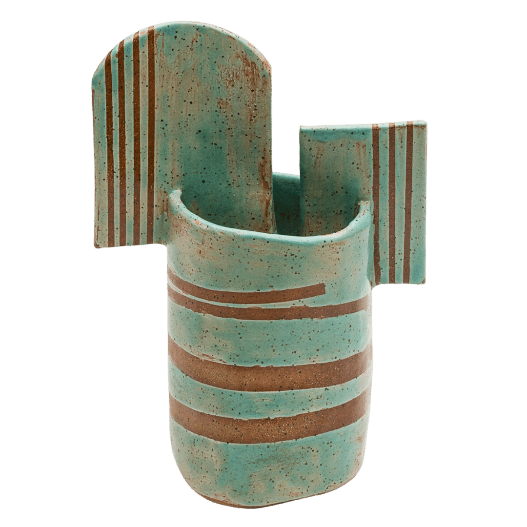 Modern ceramic planter with dual cutouts featuring arch and rectangle shapes, decorated with horizontal stripes in Mexican green glaze and natural clay, shown against white background