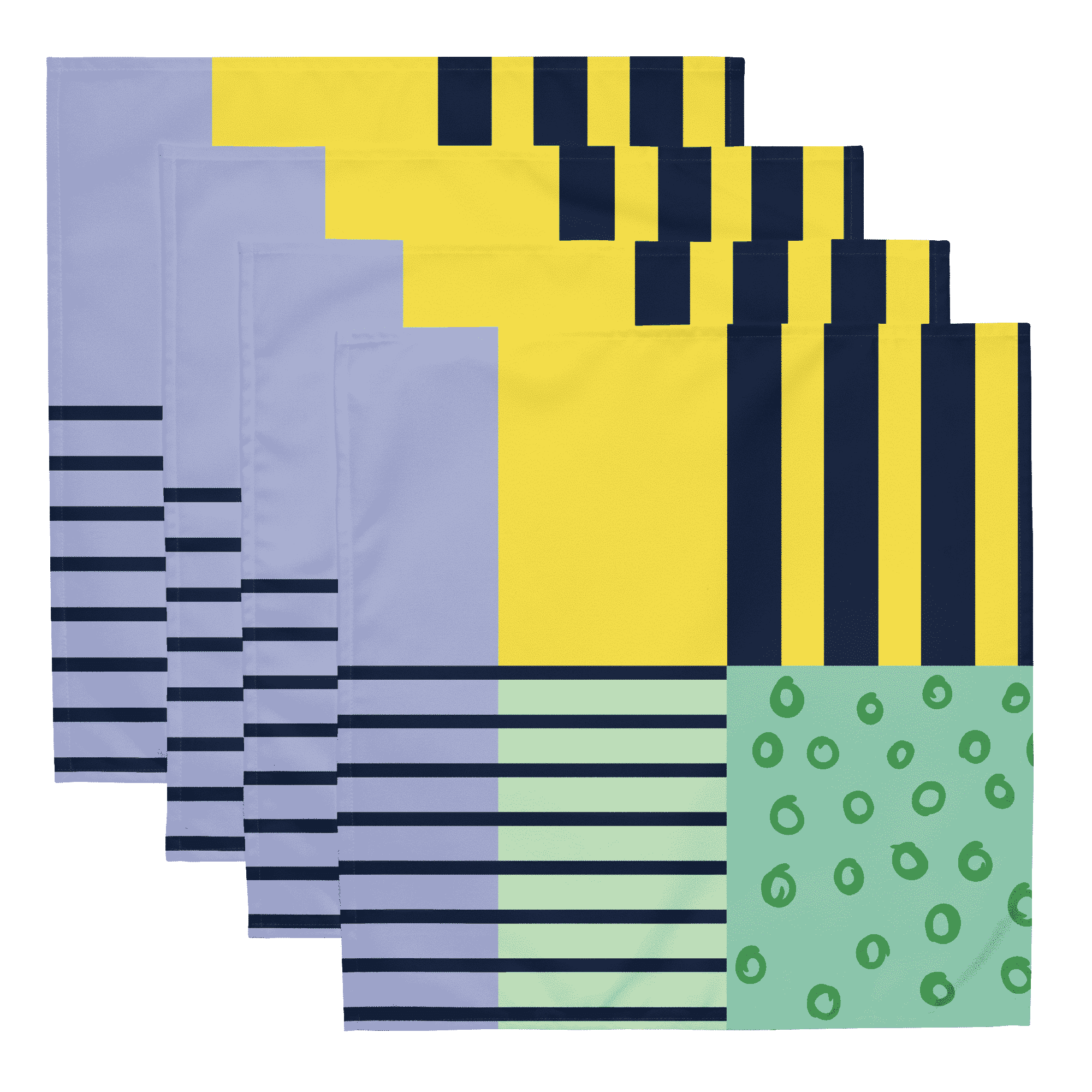 Geometric cloth napkins set of 4 featuring modern grid pattern in yellow, purple, and green