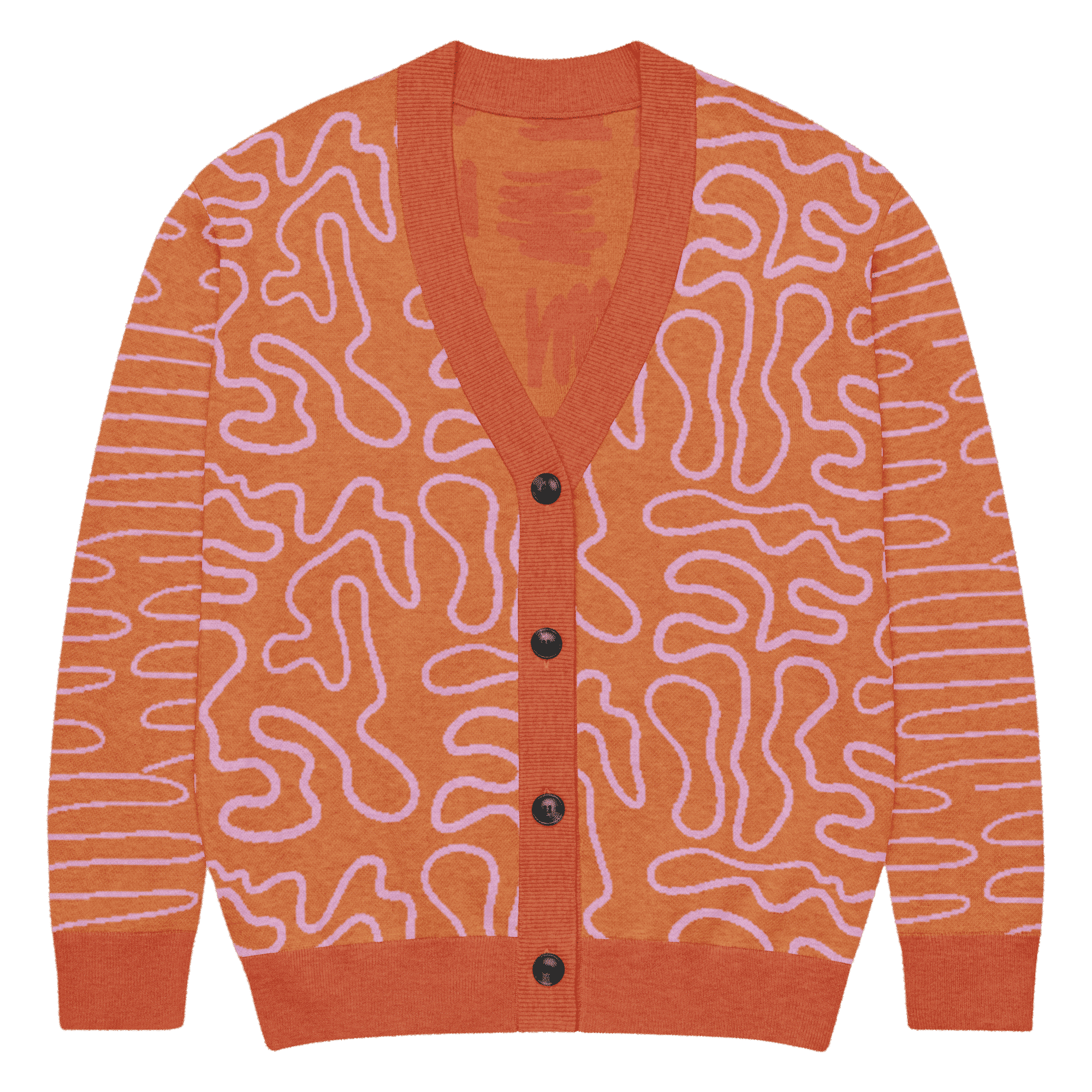 The Sketch Knitted Cardigan in soft lilac and orange hues, front view"